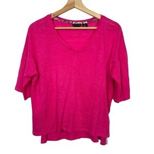 TAHARI Relaxed Fit Boxy 100% Linen V-Neck Top, Hot Pink, Size Small